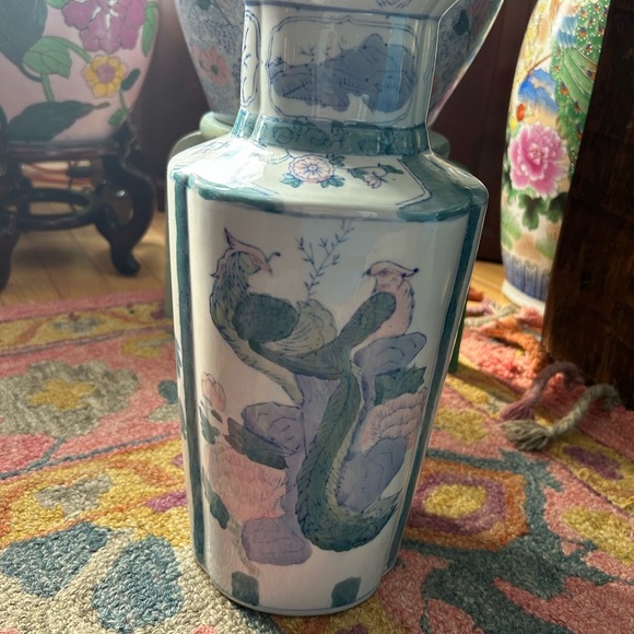 Vintage Asian Vase Decorative Ceramic Oriental Pot Peacock and Poppy Pattern 14" - Picture 2 of 16